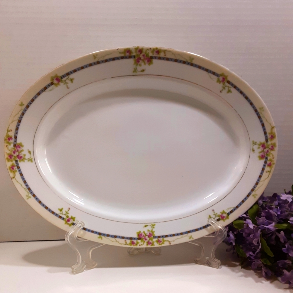 NORITAKE CHINA 12" Oval Serving Platter Pink Rosettes Signed M Vintage Plate